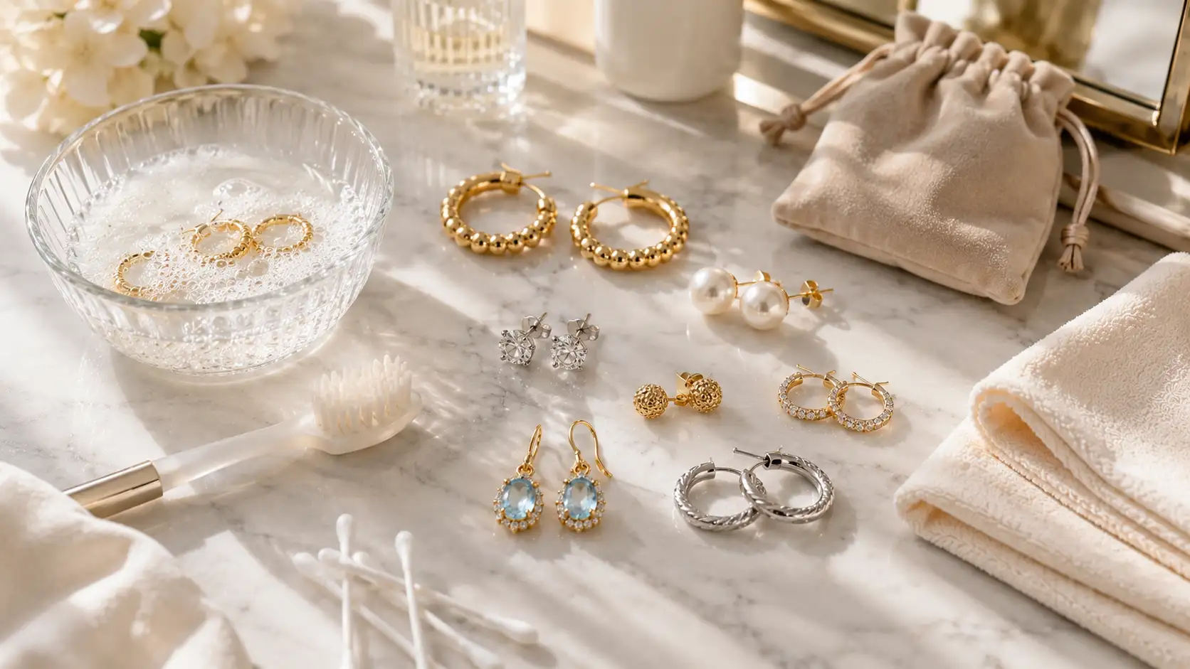 How to clean earrings using soap, water, toothbrush, and jewelry cleaning tools on a marble surface