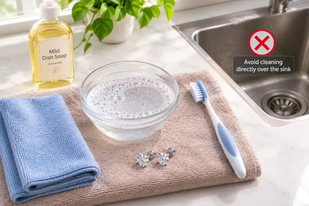 Safe jewelry cleaning setup using a towel instead of an open sink