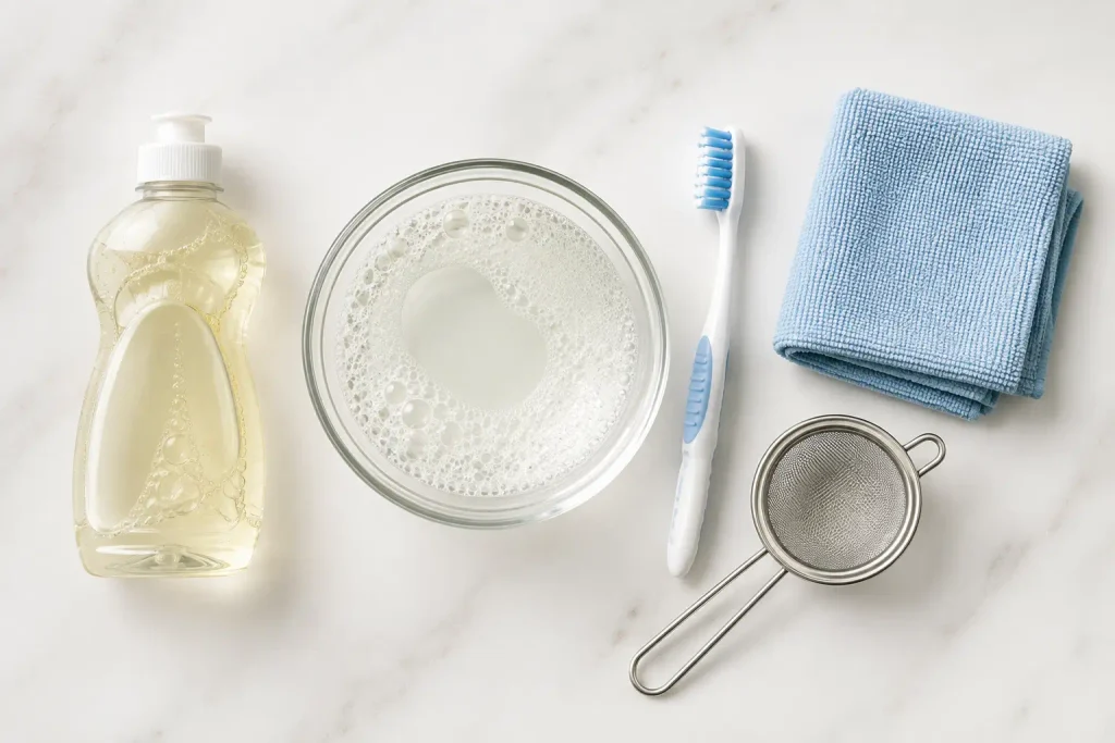 Step by step soap and water method for cleaning diamond earrings