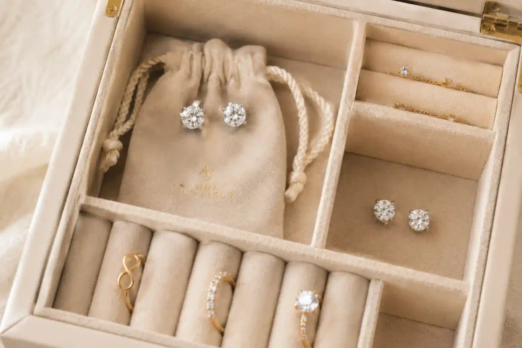 Proper storage for diamond earrings in a fabric-lined jewelry box