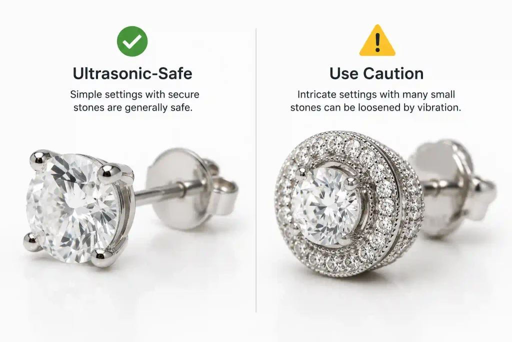 Ultrasonic cleaner safe versus risky diamond earring settings
